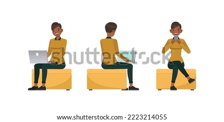 Set of working woman wear yellow shirt character vector design. Presentation in various action. Businesswoman working in office planning, thinking and economic analysis on isolated white background.
