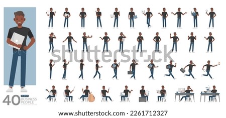 Big Set of office man wear black shirt character vector design. Presentation in various action. People working in office planning, thinking and economic analysis.