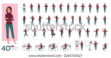 Big Set of working woman wear red sweater color character vector design. Presentation in various action. People working in office planning, thinking and economic analysis.