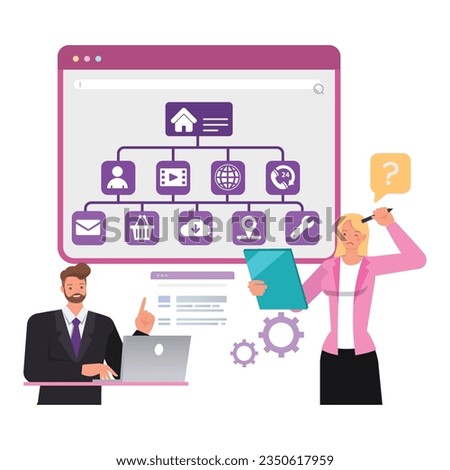 Web sitemap illustration concept. Office man and woman working on laptop to create website. Business people character vector design. 