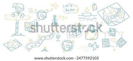 Hand drawn outline doodles vector design elements set of guitar, airplane, passport, world map pin, wood road sign, location, roadmap. travel concept illustration.