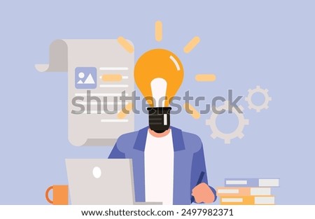 Man worker with lightbulb. Character vector design. Flat illustration style.