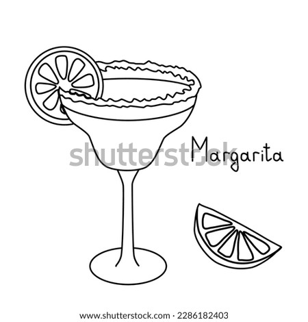 Margarita cocktail in glass with salt rim and lime slice, doodle vector outline for coloring book