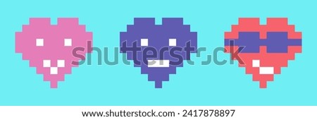 Set of colorful hearts emoticon or emoji in pixel art style, vector