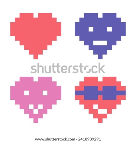 Set of different colorful hearts emoticon or emoji in pixel art style, vector