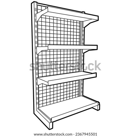 Wall Rack, 4 Shelves, Metal Shopping Mall Display Rack, Supermarket Display Rack, Vector illustration black and white isolated on transparent background.