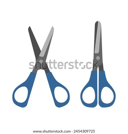 blue stationery scissors open and closed isolated on white background.