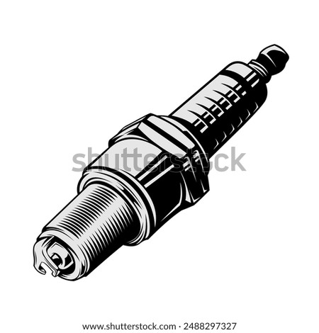 Spark plug for motorbike or car spare parts isolated on white background, black and white vector spark plug, flat cartoon illustration, icon, symbol, etc