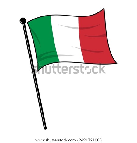 3D Icon of Realistic Italian Flag on Mini wooden Pole. Green, White, and Red Stripes on a waving Flagpole