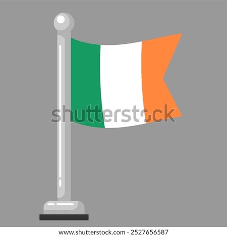 Mini Icon of Ireland Flag Waving on a Flagpole, Isolated on Gray Background, Flat Style, Editable or Scalable Vector Illustration in EPS Format, for Graphic Design or Easy Printing