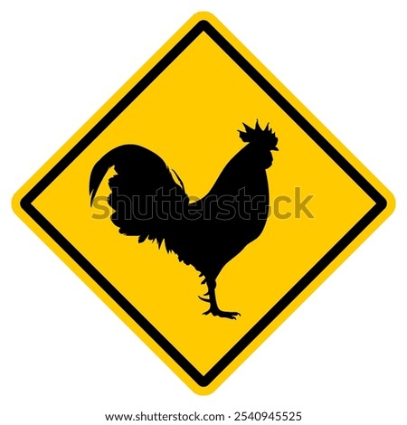 Yellow Square Warning Sticker Template Featuring Rooster Icon, Simple Black and Yellow Design, Informational Signage, Vector Illustration Isolated on White, Editable EPS File