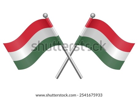 Crossed Hungary Flags Vector Illustration – 3D Style with Silver Flagpoles, Simple Design, Isolated on White Background, Editable EPS for Icons, Posters, and Graphic Projects