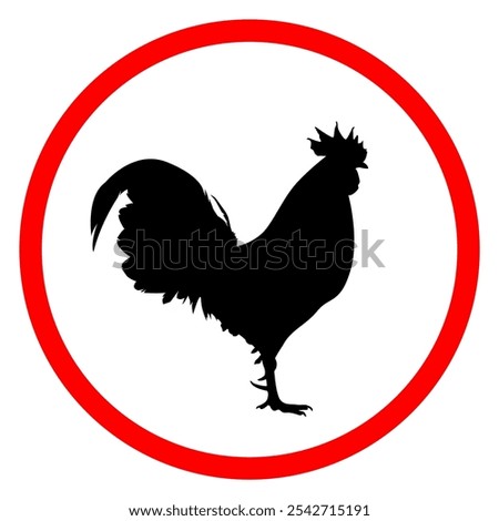 Red Circular Warning Sticker Template with Rooster Icon, Simple Red and Black Design, Vector Graphic Illustration Isolated on White Background, Editable EPS File for Signage