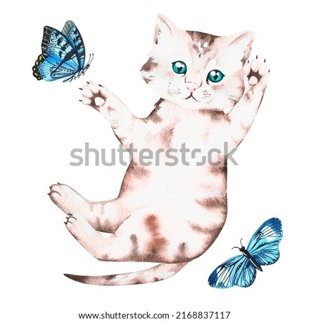 Grey kitten playing with a butterfly. Watercolor illustration. Isolated on a white background. For your design birthday greeting cards, baby products, veterinary clinic advertisements, pet products.