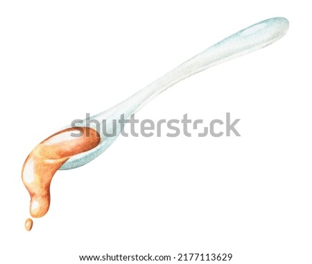 A spoon from which oil is poured. Watercolor illustration. Isolated on a white background. For design stickers, prints, kitchen accessories, recipe books.