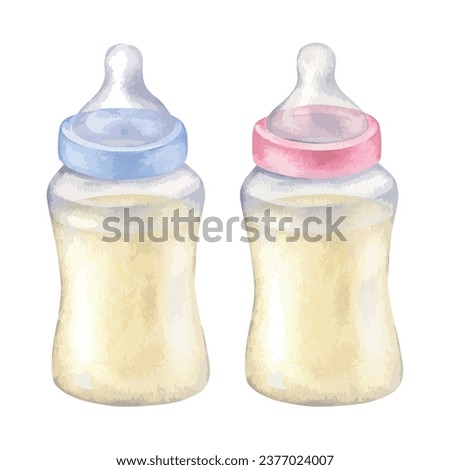 Milk Baby bottle. Vector watercolor illustration of childrens food. Hand drawn clip art on white isolated background. Drawing of blue and pink kids stuff for boy and girl. For gender reveal party