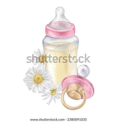 Milk bottle and Pacifier vector illustration. Hand drawn pastel pink children food on isolated background. Watercolor drawing of things for a newborn girl. For baby shower party invitations and cards
