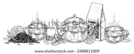 Tea border. Vector hand drawn illustration. Teapot with mugs sketch drawing. Black and white vintage art. Editable backgrounds. Family home party composition. For kitchen prints and restaurant menus