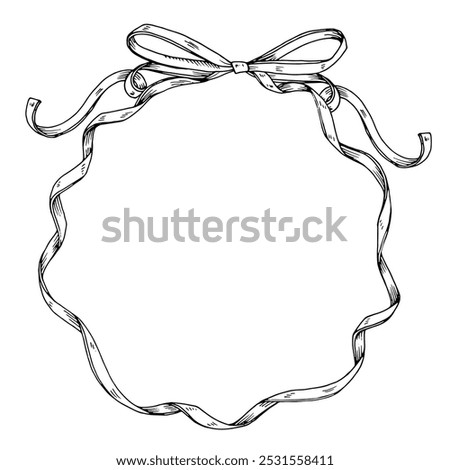 A round wreath with a hand-drawn ribbon and bow frames border the center of this card. The black and white vector illustration provides ample copy space for a personalized greeting or holiday message