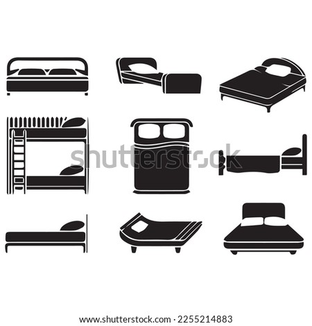 Double bed vector icon.Bed flat vector icon. Hotel flat vector icon. Accommodation flat vector icon.Bedroom linen flat line icons set. Double bed, cushion, blanket, sheets, pillow, mattress topper,
