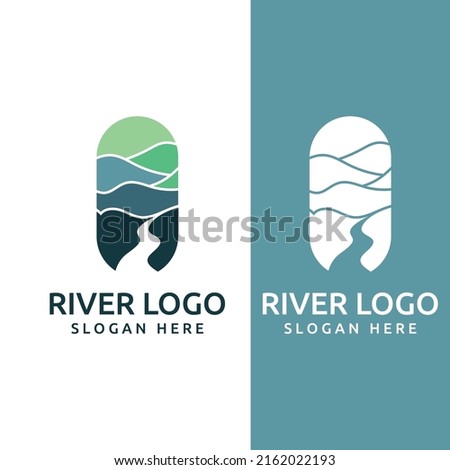 Logos of rivers, creeks, riverbanks and streams. River logo with combination of mountains and farmland with vector concept design.