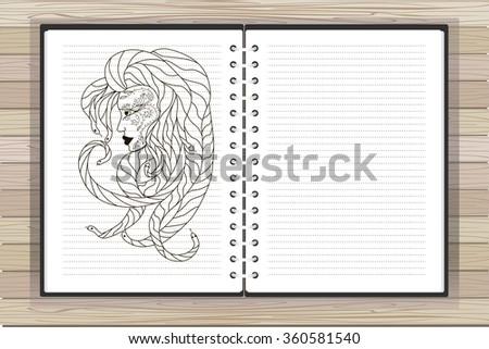 Open notebook with graphic image of the head of Medusa and place for text.Vector. EPS10