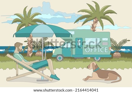 Freelance work, digital nomad. Cartoon vector illustration in flat design. Travel and work, remote job, freelancers lifestyle, people in coworking space, digital nomad, working abroad with laptop.