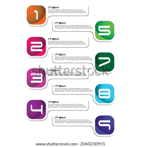 Colored bookmarks template with numbered paragraphs and descriptions. Available in 8 colors and can be easily recolored. Suitable for website design, presentations, reports and tables of contents.