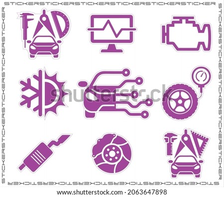 Pack of 9 car service sticker icons in vector format, color Magenta. Suitable for creating website icons, car service menus, business cards, flyers, stickers, large format printing, etc. 