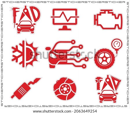 Pack of 9 car service sticker icons in vector format, color Red. Suitable for creating website icons, car service menus, business cards, flyers, stickers, large format printing, etc.