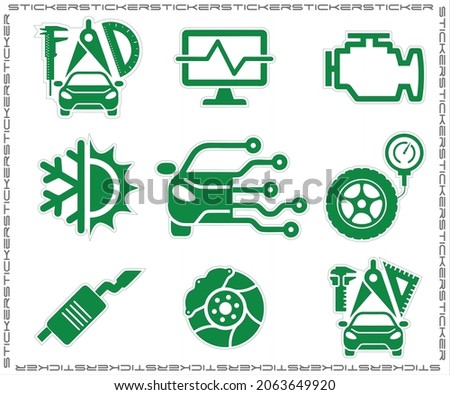 Pack of 9 car service sticker icons in vector format, color Green. Suitable for creating website icons, car service menus, business cards, flyers, stickers, large format printing, etc.