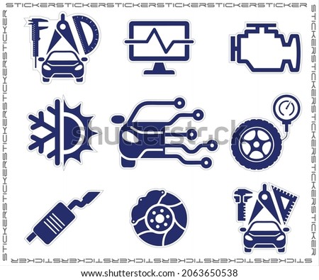 Pack of 9 car service sticker icons in vector format, color Blue. Suitable for creating website icons, car service menus, business cards, flyers, stickers, large format printing, etc.