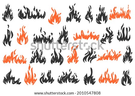 Set of doodle flame. Collection of hot flaming element.                                              ​Illustration of nature phenomenon.
