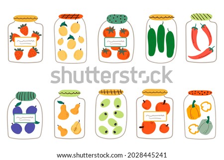 A set of glass jars with pickled vegetables and fruits. Cartoon flat vector illustration. Vector illustration of canned fruits and vegetables, healthy meal set