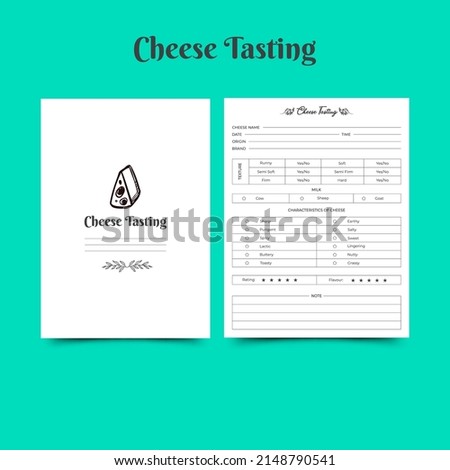 Cheese tasting journal interior. Dairy products and cheese quality testing notebook, tracker, planner, template.
