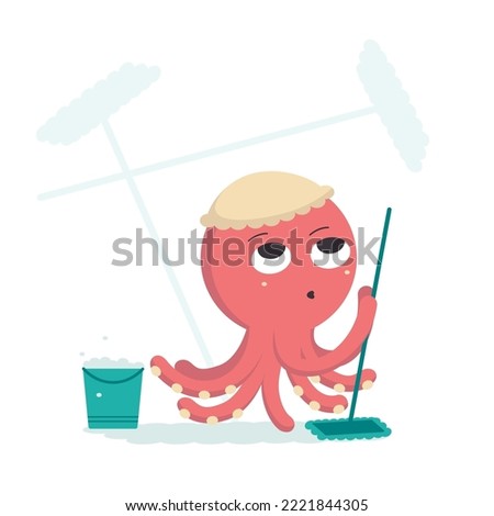 Illustration of a cartoon character, a red octopus in a hat is cleaning the floor with a mop near a bucket..
