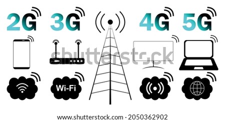 Wireless and Wifi icon set. 2G, 3G, 4G, 5G technology symbols, antenna, cell phone, notebook, satellite signal. Set of icons isolated on a white background.