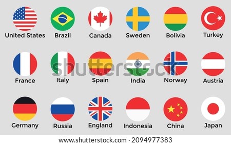 National flags icons vector collection, main flag languages ​​set. UK, Germany, USA, Russia, China, France, Italy and more. Circle buttons isolated on gray background. Website language choice symbols.