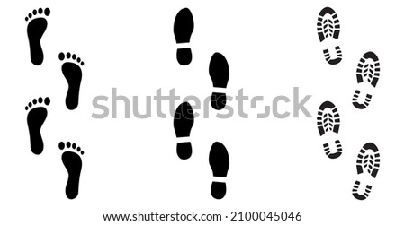 Human silhouette of footprints, set of vector icons isolated on white background. Print the soles of shoes, bare feet and sneakers. Tread, boots, sneakers. Barefoot print icon. Editable Stroke