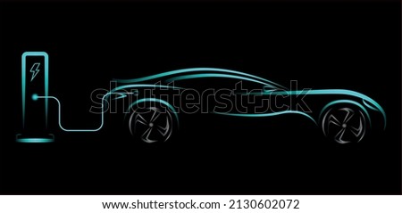 Modern electric car silhouette, side view. electric vehicle, hybrid car, blue neon electric car silhouette for logo, banner for marketing advertising design. EPS 10 vector illustration. Photo stock © 