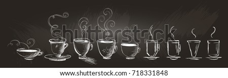 Horizontal set of hand-drawn coffee cups. Stylized sketch coffee on a chalkboard. Isolated.
