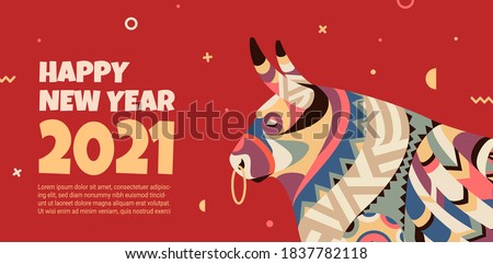 Beautiful banner with a bull in the style of the tribe and the text of the New Year. The banner can be used for advertising, congratulations, discounts. Bull symbol 2021.