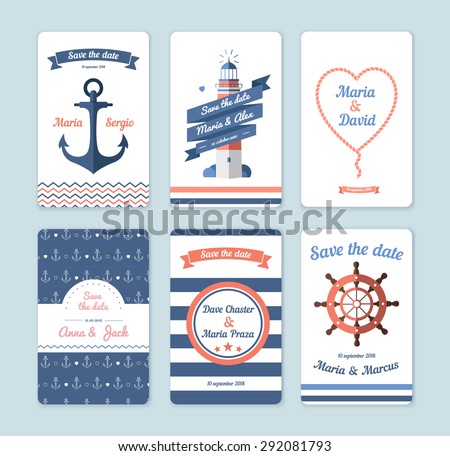 Wedding invitation card. Save the date, sailor theme. Set invitation