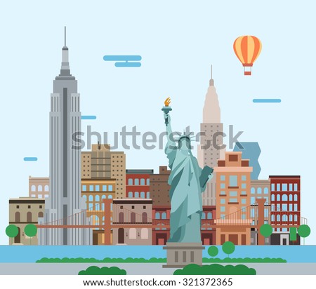 Illustration of New York City, vector landscape of buildings and the Statue of Liberty