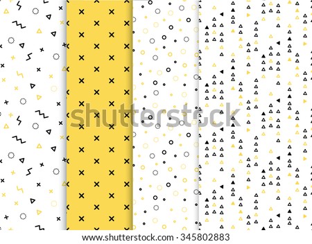 Set of 4 seamless patterns in yellow colors with geometric elements. Pattern in hipster style. Pattern is suitable for posters, postcards, fabric or wrapping paper