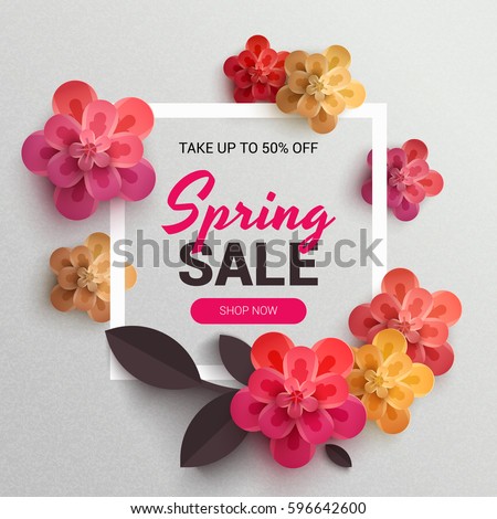 Web Wanner with red paper flowers for spring sales. Vector illustration of realistic flowers, can be used in the magazine, online,  store leaflets