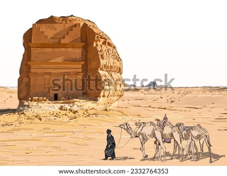 Hegra Saudi Arabia ancient village with camel rider. tombs in sand rocks vector art.