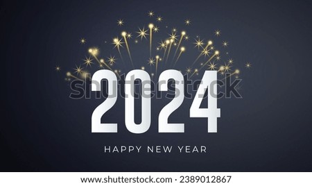 Happy New Year 2024 Greeting Card and Banner. Elegant and Luxury New Year Post with 2024 text and fireworks.