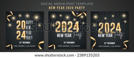 Happy New Year 2024 Party Invitation and Social Media Post Template Collection. New Year Elegant and Luxury Post with Gold Elements