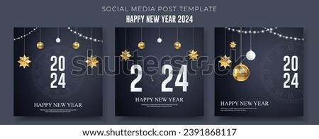 Happy New Year 2024 Post Collection. Luxury and Minimalist New Year 2024 Greeting Card with Gold Ornaments and Lights